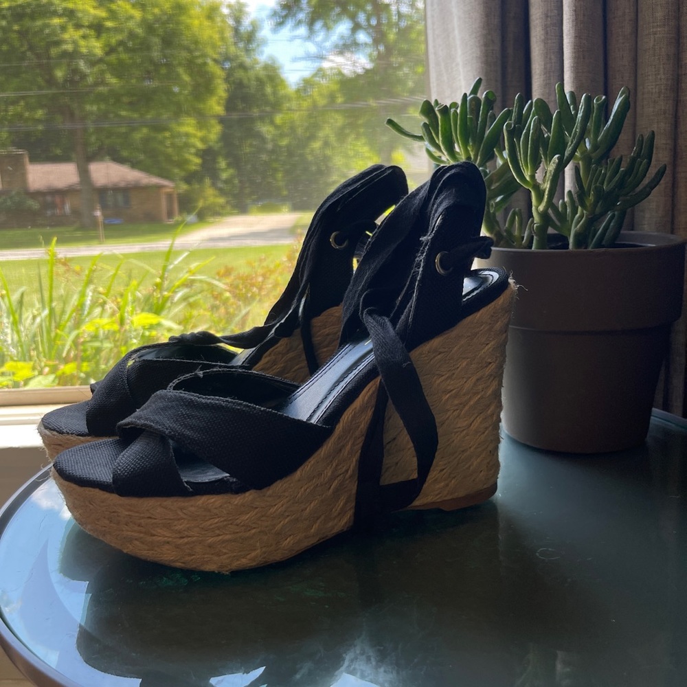 Esme Black Lace-Up Espadrille Wedges